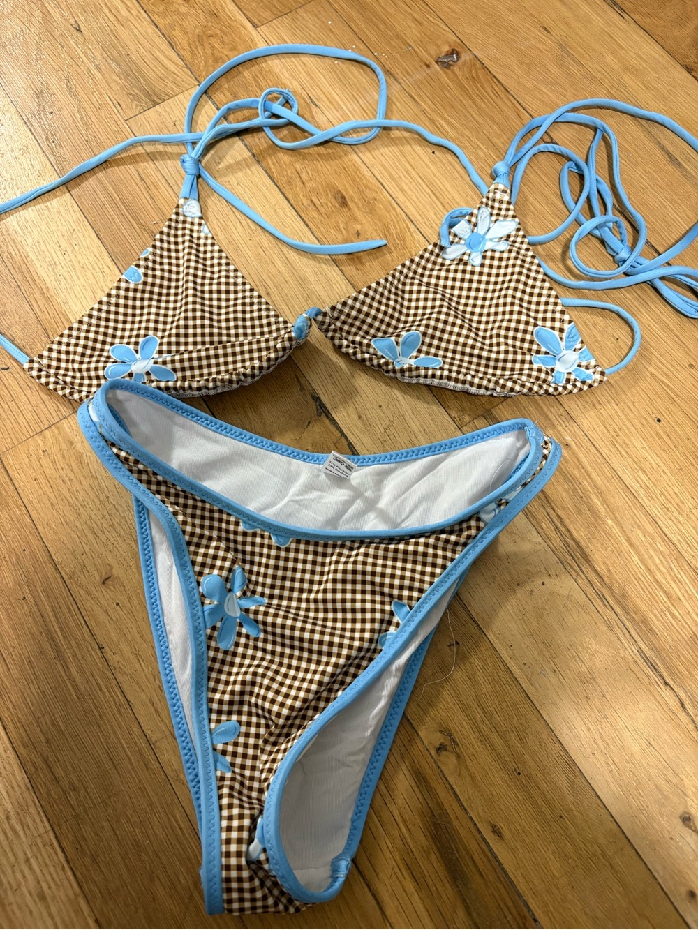 Heavy Manners Brown Gingham Bikini with Blue Floral Trim